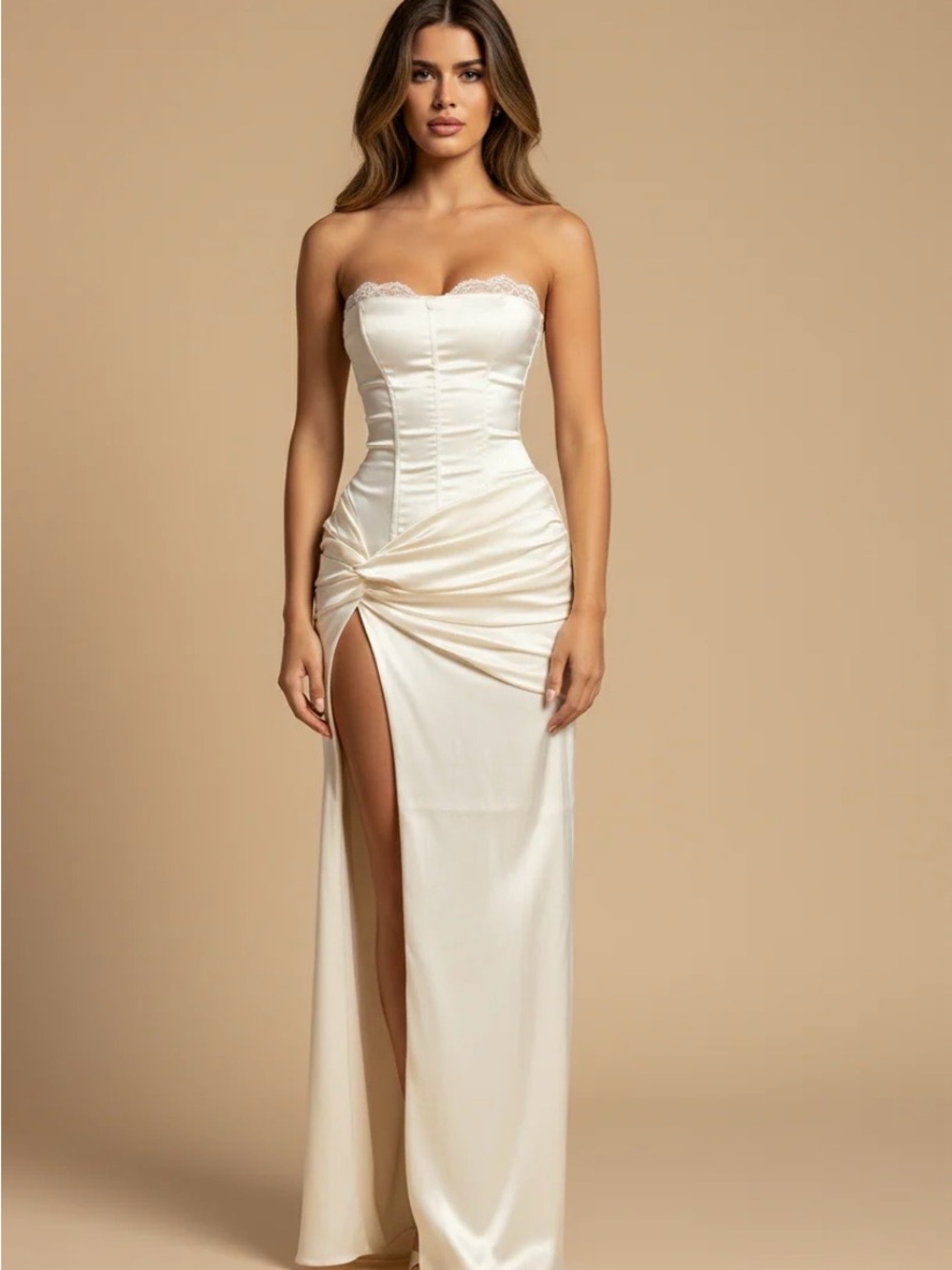 Strapless Ivory Satin Corset Gown with High Slit